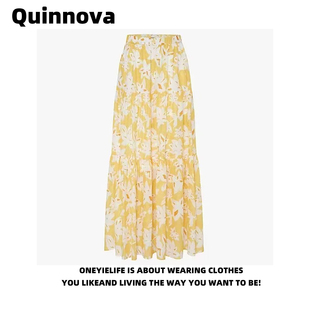 Quinnova波西米亚度假风松紧高腰长裙女夏新款印花气质百搭半身裙