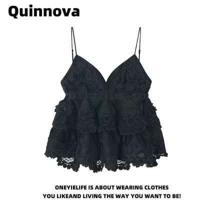 Quinnova设计感蕾丝无袖吊带背心女夏新款黑色V领度假风绝美上衣
