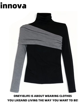 Quinnova 设计感撞色拼接半高领长袖T恤女春内搭打底修身显瘦上衣