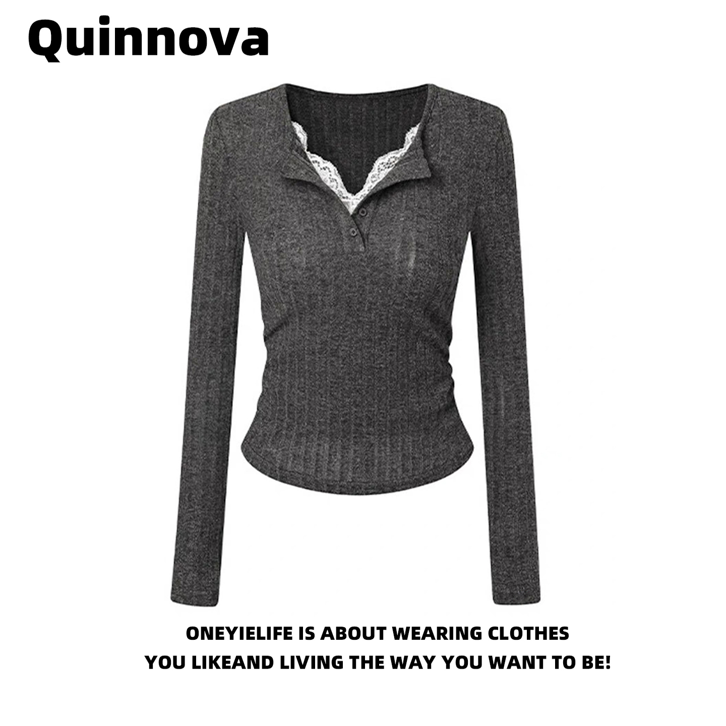 纯欲风灰色V领长袖针织衫女上衣