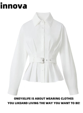 Quinnova 设计感白色双层翻领打褶收腰显瘦长袖衬衫女春新款上衣