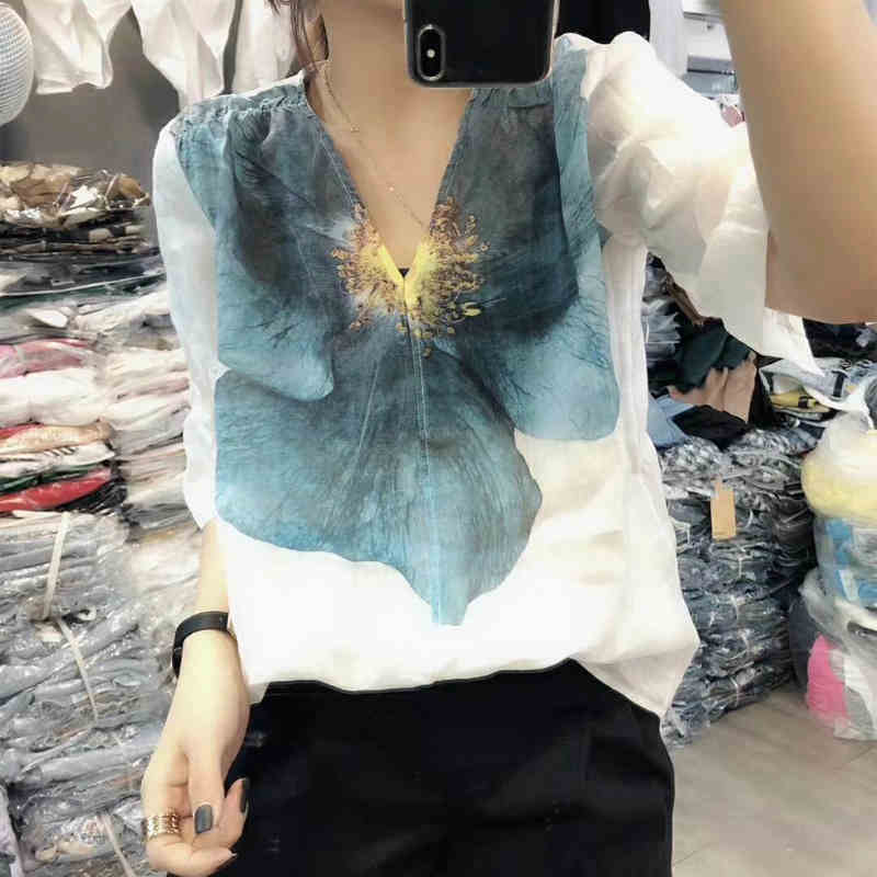 欧洲站2025夏装新款潮牌欧货宽松花朵V领印花中袖时尚衬衫女上衣