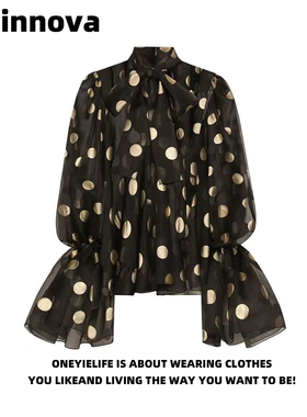 Quinnova 高级感波点飘带衬衫女长袖喇叭袖宽松气质减龄显瘦上衣