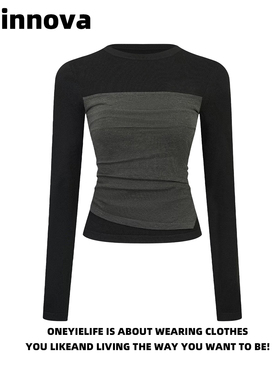 Quinnova 假两件撞色修身长袖T恤女春新款修身显瘦针织打底上衣潮