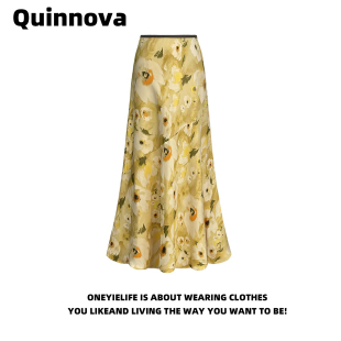 Quinnova轻奢醋酸鱼尾裙女夏新款 波西米亚印花气质不规则半身长裙