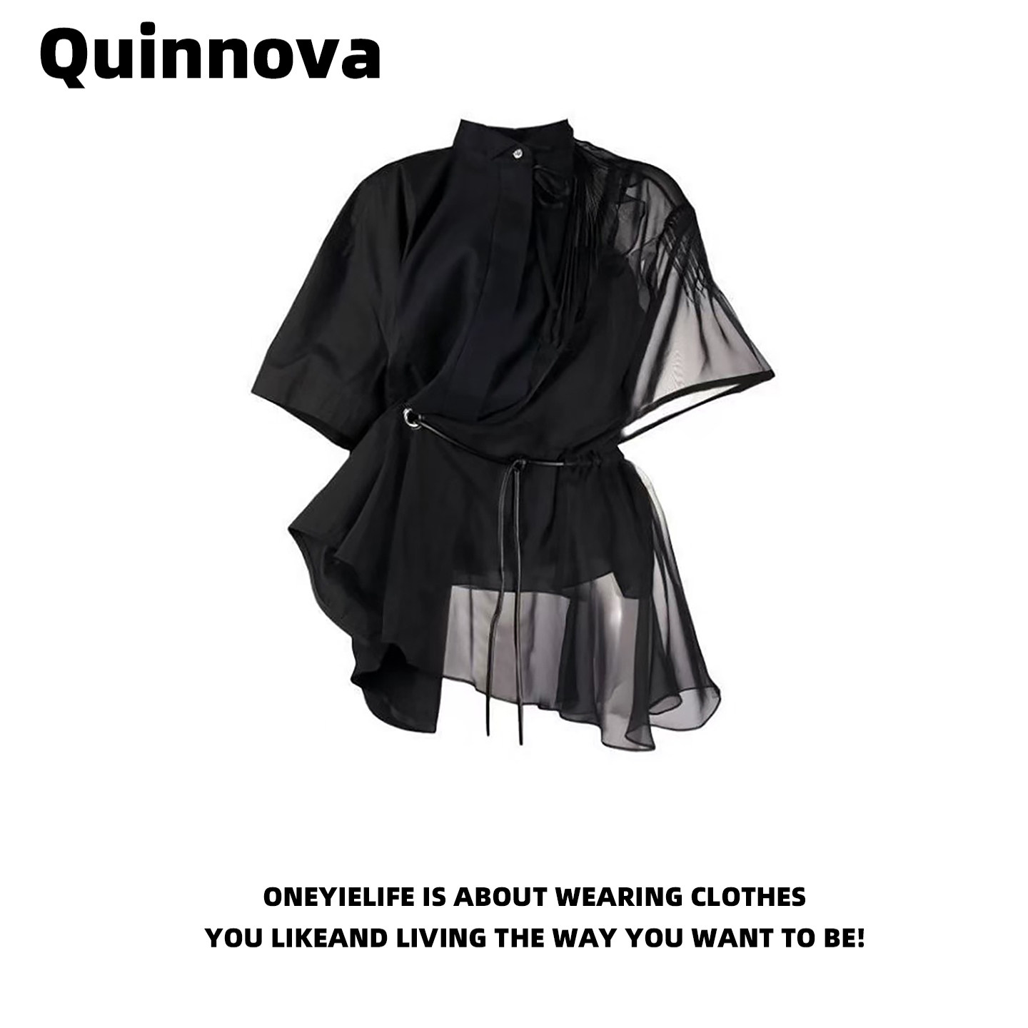 thumbnail for Quinnova design sense splicing black short-sleeved shirt women's summer new temperament rope waist slimming top trend