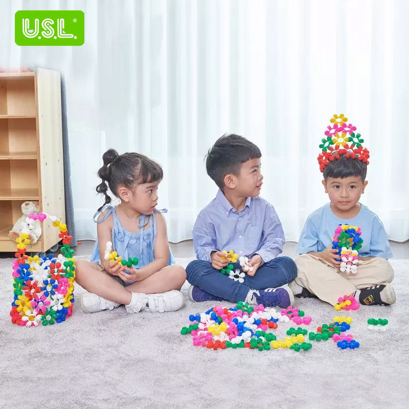 台湾USL软质太阳花积木 幼儿园宝宝拼插创意玩具六边形雪花状80个