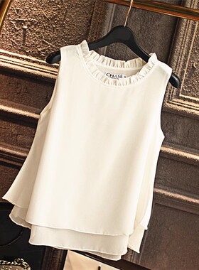 大码女装春夏季木耳边圆领双层雪纺衫宽松百搭打底上衣无袖背心女