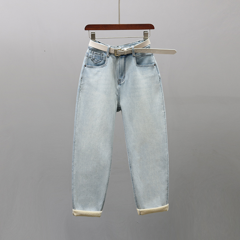 浅蓝色加绒加厚高腰哈伦牛仔裤女2025冬季新款宽松休闲潮流老爹裤