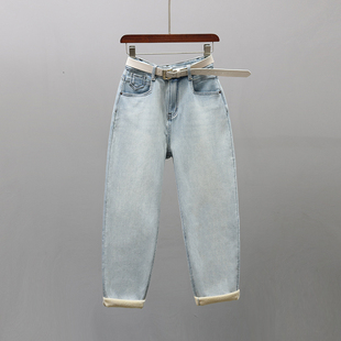 宽松休闲潮流老爹裤 新款 女2025冬季 浅蓝色加绒加厚高腰哈伦牛仔裤
