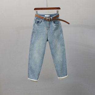 宽松显瘦哈伦老爹萝卜裤 新款 女2025冬季 浅蓝色加绒加厚高腰牛仔裤