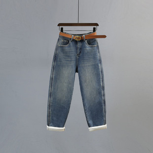 宽松显瘦休闲加绒加厚老爹裤 新款 女潮2025冬季 复古高腰哈伦牛仔裤