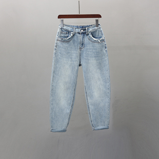 高腰显瘦宽松休闲萝卜裤 半松紧腰哈伦老爹牛仔裤 女欧货2025春新款