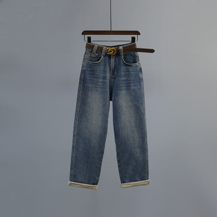 宽松显瘦哈伦男友裤 新款 女潮2025冬季 复古高腰植绒加厚老爹牛仔裤