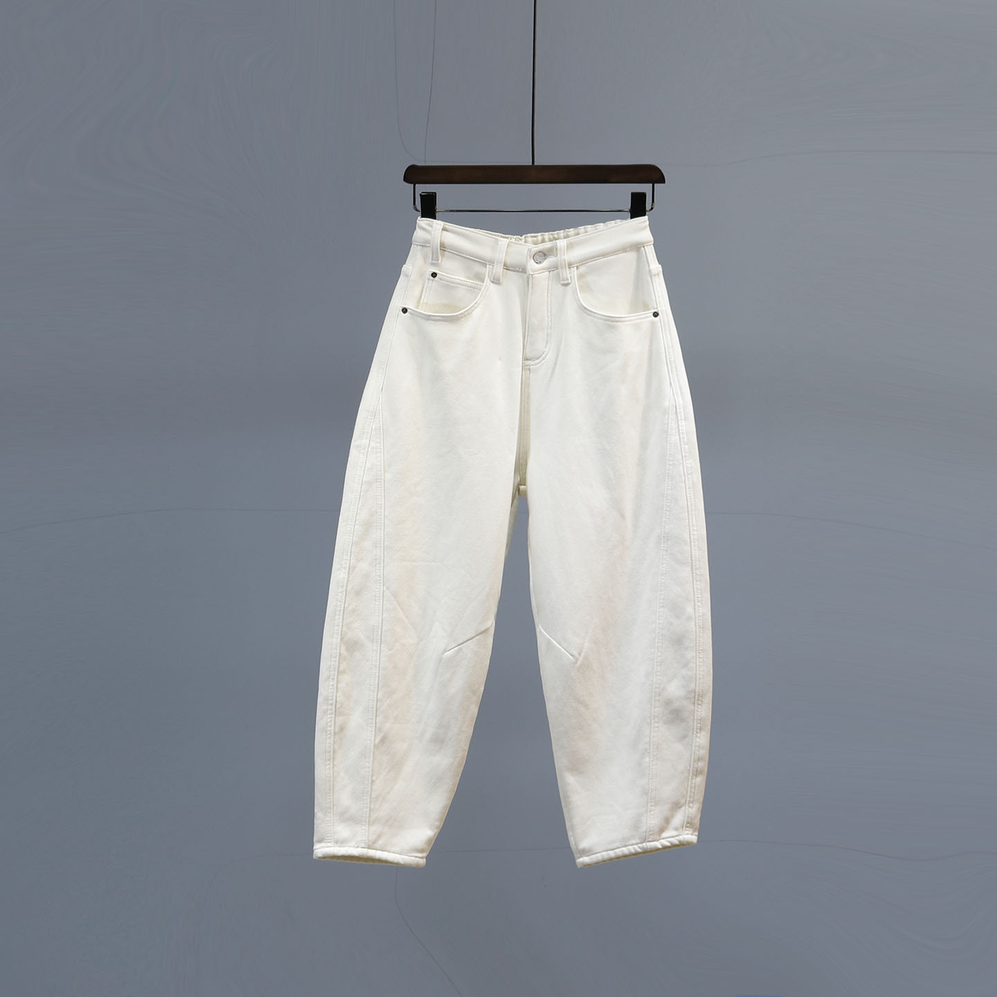 加绒加厚松紧腰老爹牛仔弯刀裤