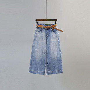 宽松显瘦百搭休闲阔腿八分裤 新款 女2026夏季 浅蓝色高腰直筒牛仔裤