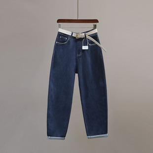 垮裤 宽松显瘦休闲九分哈伦裤 女薄2025夏新款 深蓝色高腰老爹牛仔裤