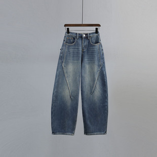 加绒加厚宽松休闲老爹阔腿镰刀裤 新款 女潮冬季 复古高腰弯刀牛仔裤