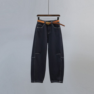 宽松显瘦百搭休闲弯刀裤 新款 女2025冬季 深蓝色加绒加厚老爹牛仔裤