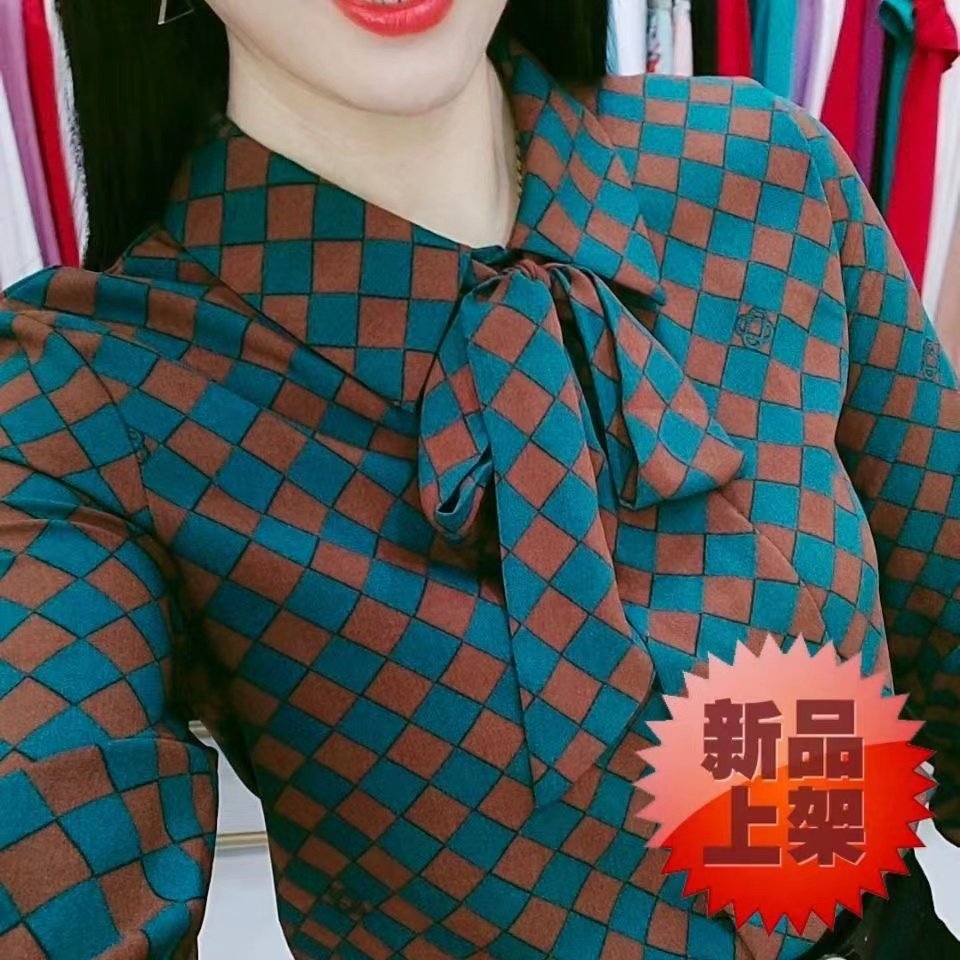 春秋衬衣长袖女士衬衫棋盘格蝴蝶结打底衫洋气内搭格子外穿上衣女