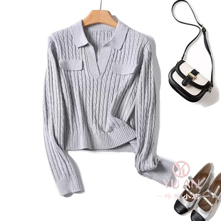 上衣 简约风麻花POLO领针织衫 套头显瘦减龄短款 短款 9939 女长袖