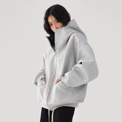 美式连帽开衫卫衣女宽松情侣拉链外套2025秋冬新款慵懒风光板上衣
