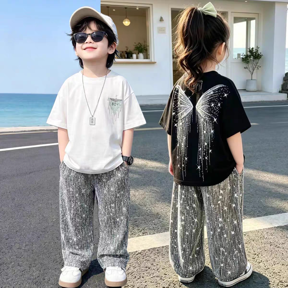男童纯棉短袖T恤+五分裤两件套2026夏季新款兄妹装男女儿童烫钻t图片
