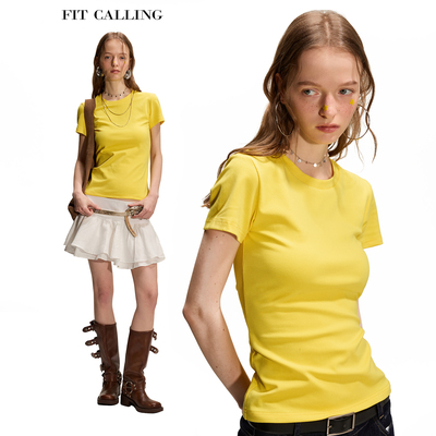 fit calling 正肩弹力圆领短袖T恤女夏2025新款显瘦修身亮色上衣