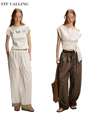 fit calling 2025新款两色格纹拼接双腰头帆布休闲长裤女夏阔腿裤
