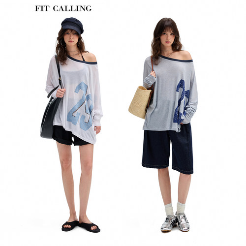 fit calling 蝙蝠袖数字印花两色防晒长袖T恤女初秋宽松罩衫上衣