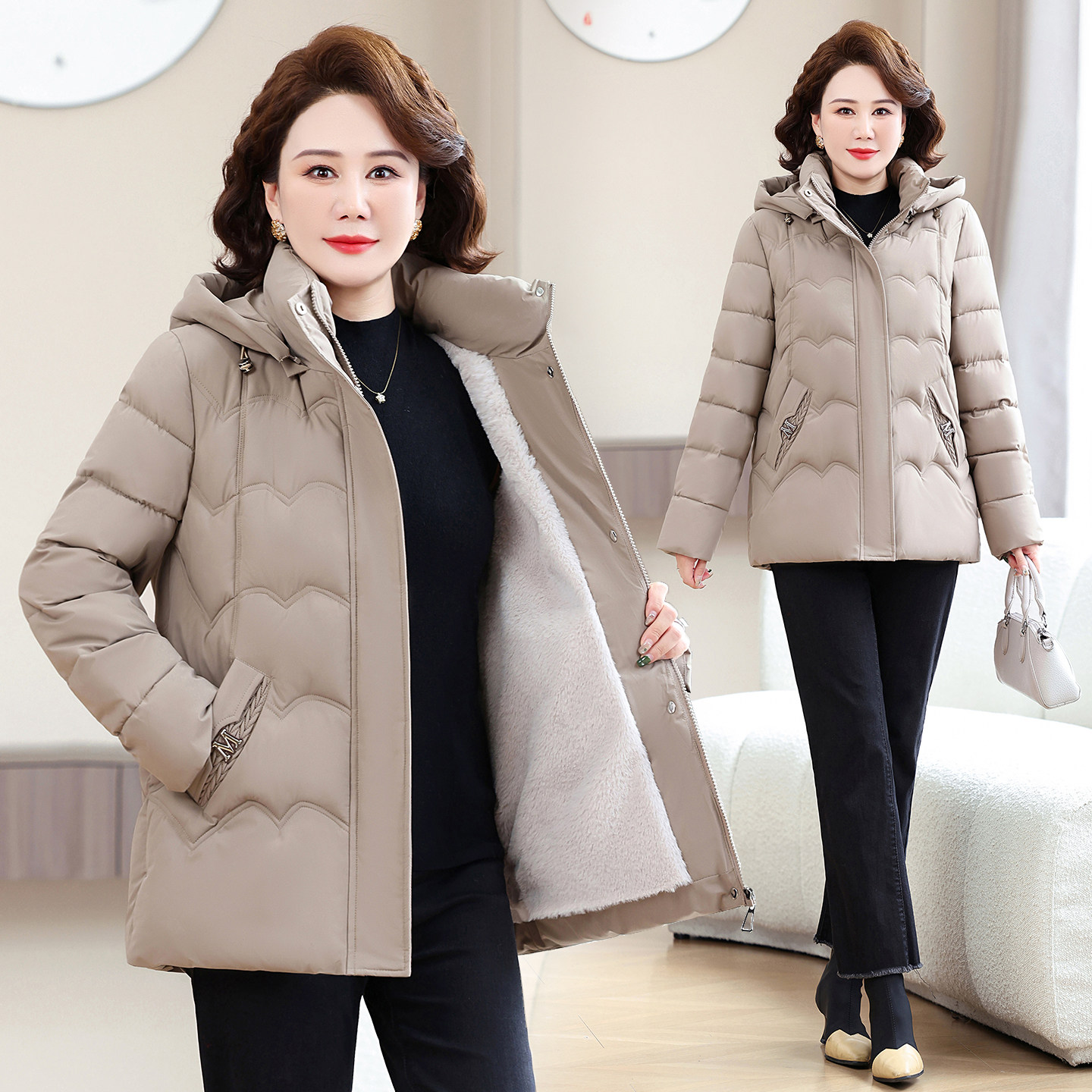 中老年妈妈加厚保暖可拆帽棉服