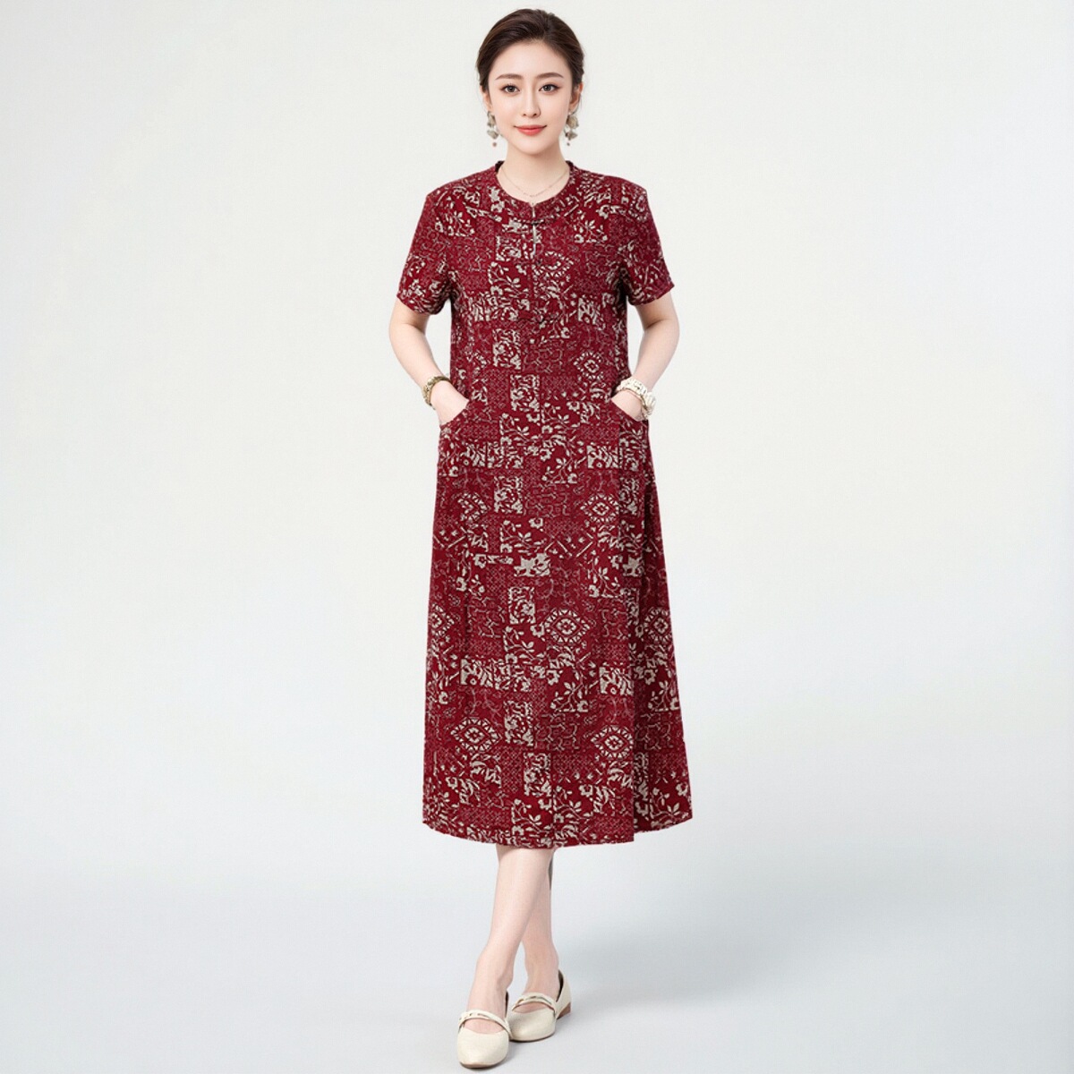 棉麻连衣裙夏季2025中式妈妈新款气质大码短袖复古宽松中长款裙子