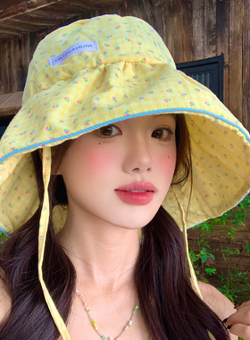 夏季甜美碎花黄色渔夫帽大帽檐户外出游遮阳防晒帽子女显脸小盆帽
