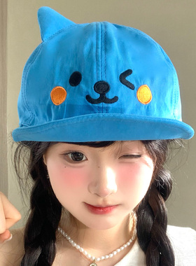 蓝色卡通猫耳朵双面戴棒球帽女款甜酷可爱显脸小遮阳软顶鸭舌帽子