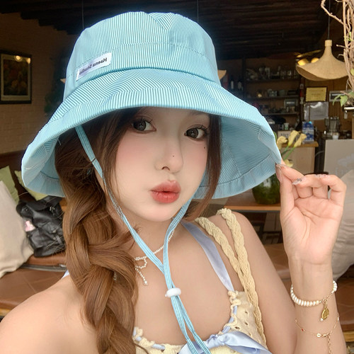 薄荷曼波清新条纹渔夫帽子女春夏