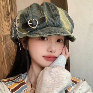 复古爱心皮带扣链条牛仔贝雷帽女显脸小做旧八角帽大头围画家帽子