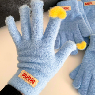 软糯蓝色爱心毛绒针织手套女冬季 加厚保暖防寒防风骑行学生可触屏