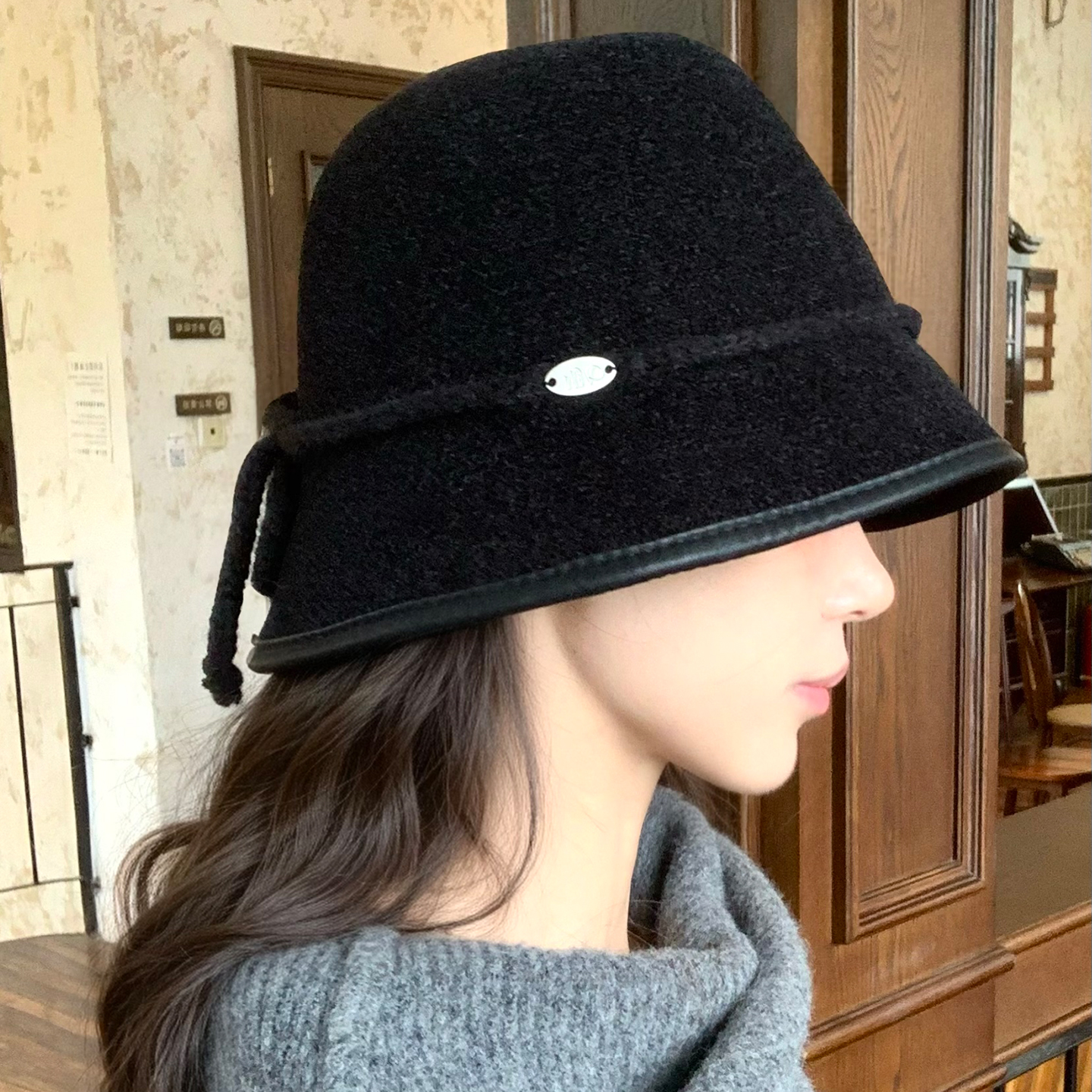 日系黑色渔夫帽女秋冬季高级感