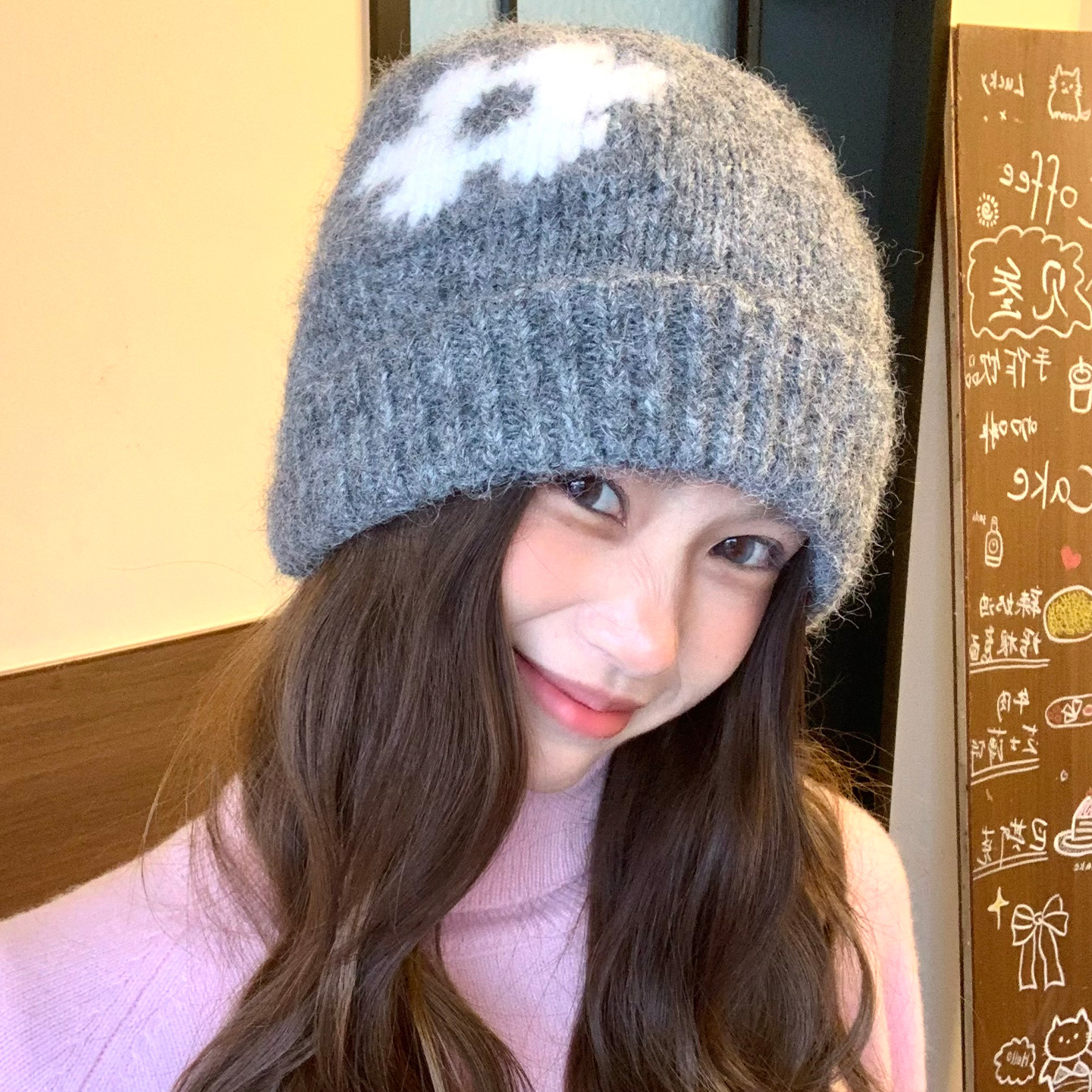 韩版灰色花朵毛线帽女秋冬季加厚