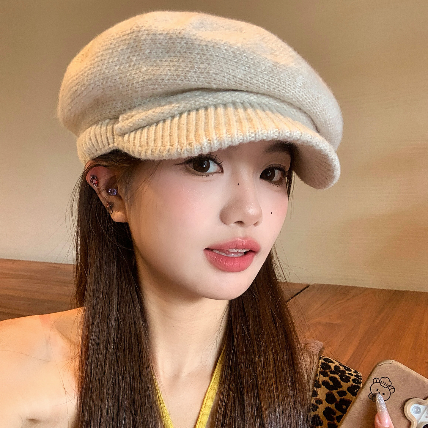 复古针织八角贝雷帽女秋冬季