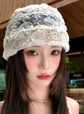 蕾丝亮片花朵镂空包头帽女士夏季