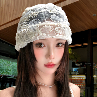蕾丝亮片花朵镂空包头帽女士夏季薄款时尚显脸小网纱套头帽子冷帽
