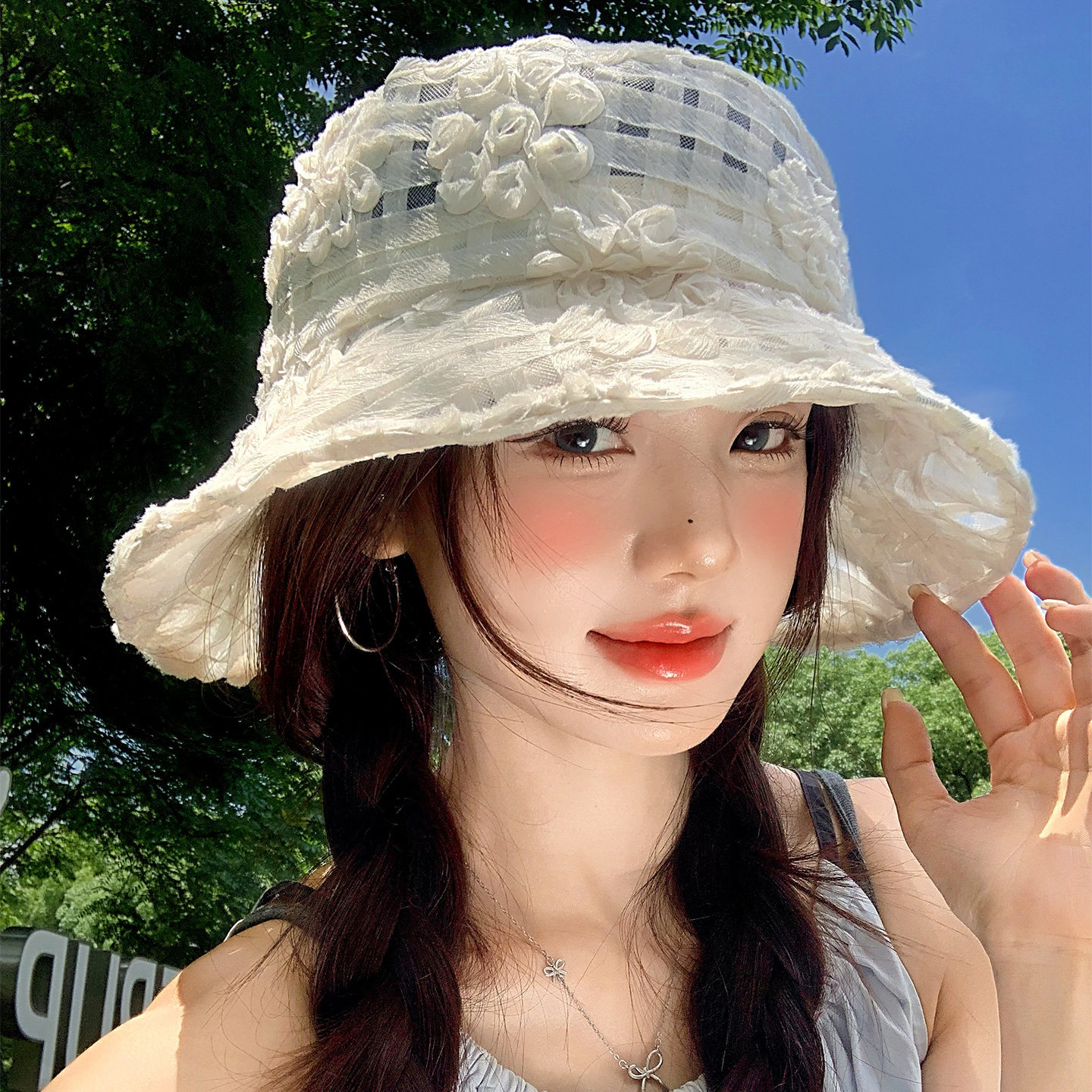 蕾丝花朵格纹渔夫帽女夏薄款透气图片