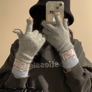韩版 分指保暖百搭可触屏骑行潮 贴布兔毛灰色针织手套女2025秋冬季