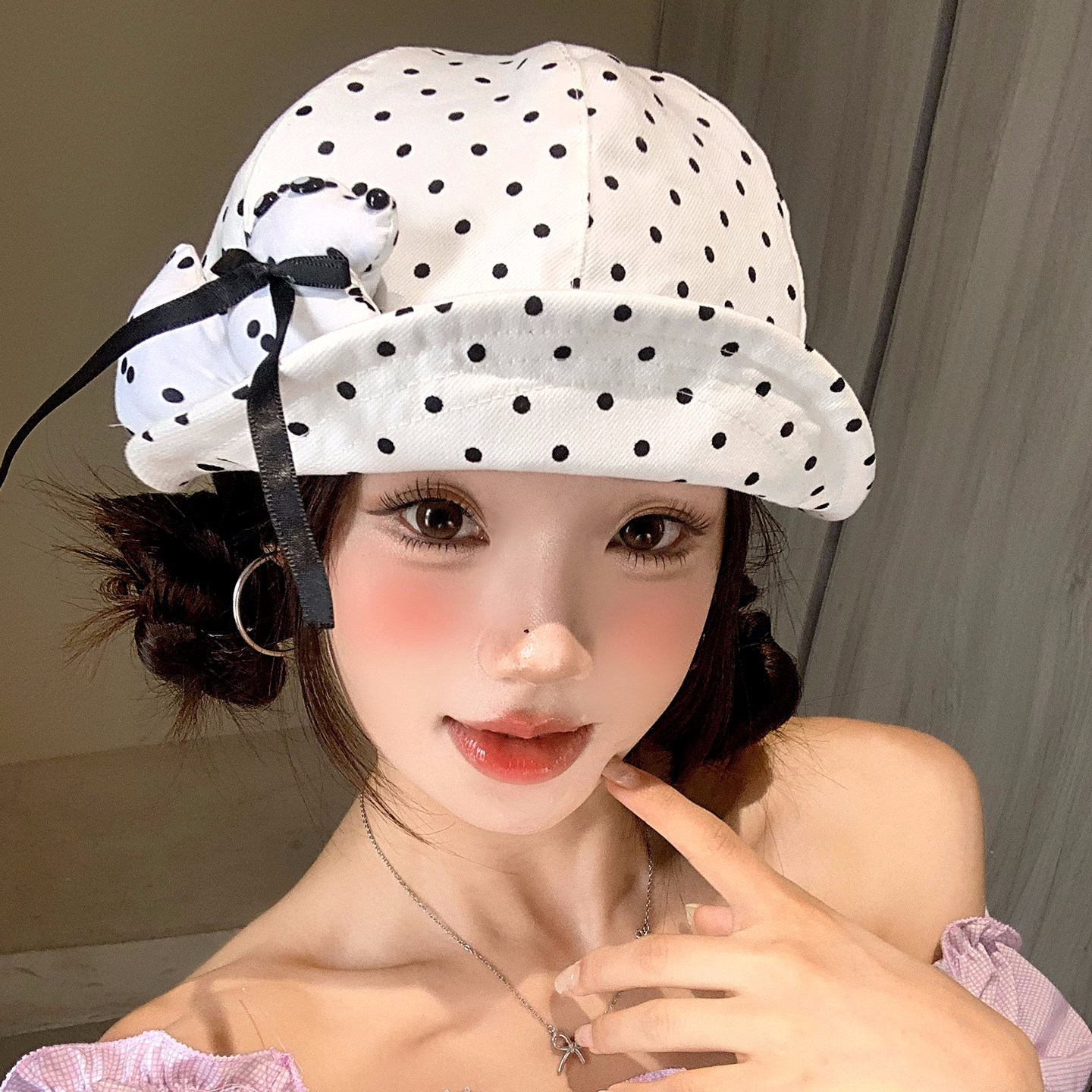 可爱韩系波点小狗蝴蝶结翻檐贝雷帽女显脸小白色减龄报童画家帽子