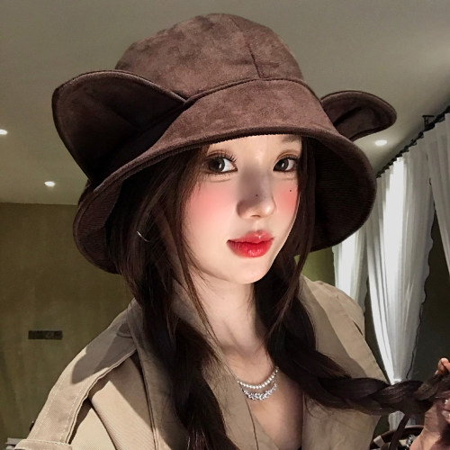 双面可戴麂皮绒猫耳朵渔夫帽女