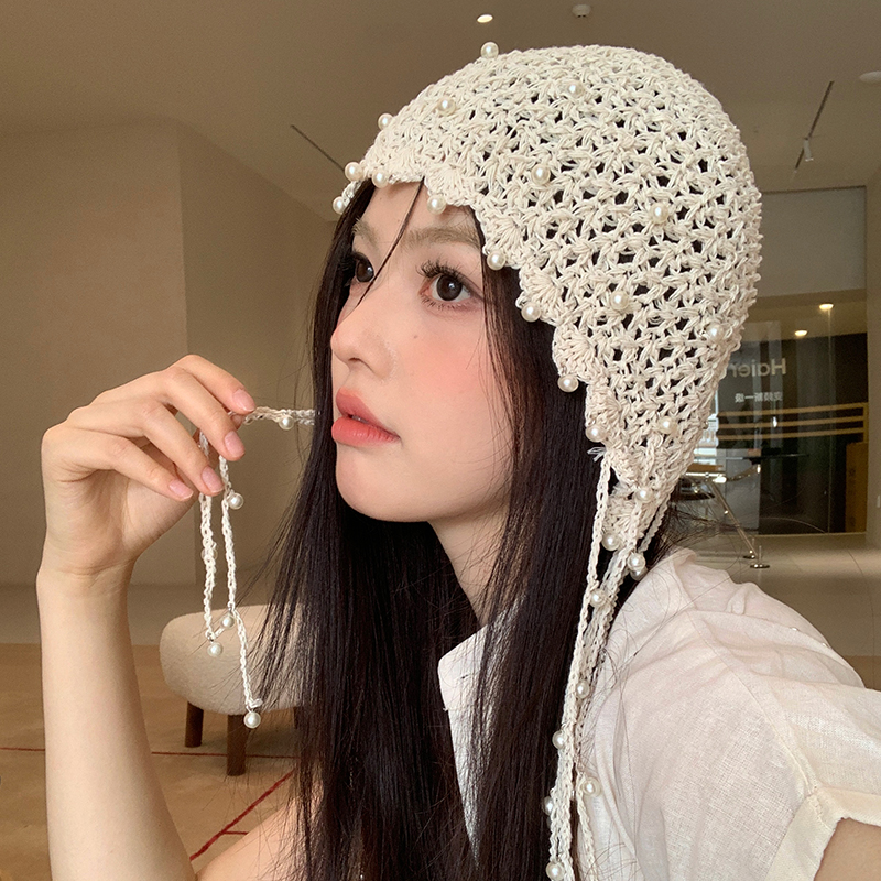 镂空珍珠流苏吊坠包头帽女夏薄款