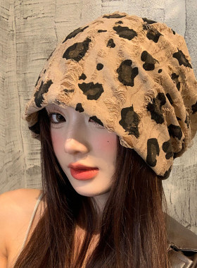 废土风做旧破洞豹纹堆堆帽女秋冬