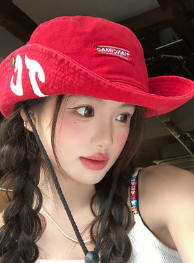 红色字母磨毛牛仔渔夫帽女夏大帽檐户外徒步登山帽显脸小防晒帽子