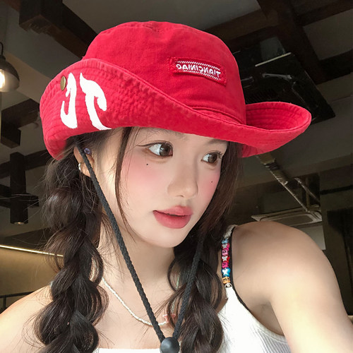 红色字母磨毛牛仔渔夫帽女大帽檐